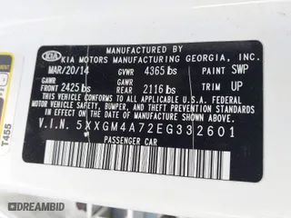 2014 Kia Optima LX with VIN 5XXGM4A72EG332601, listed as a IAAI auction lot 41816280 with 167,293 mi miles. Bid and sale history available at carsss.com. Image 9.