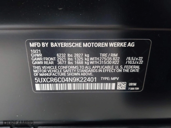 2022 BMW X5 xDrive40i with VIN 5UXCR6C04N9K22401, listed as a IAAI auction lot 41677488 with 23,786 mi miles. Bid and sale history available at carsss.com. Image 9.
