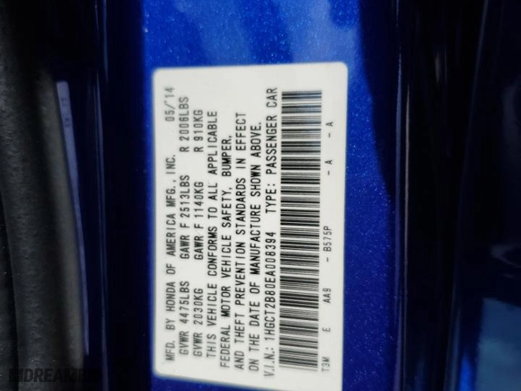 2014 Honda Accord Coupe EX-L with VIN 1HGCT2B80EA008394, listed as a Copart auction lot 56866474 with 100,001 mi miles and Clean Title. Bid and sale history available at carsss.com. Image 12.