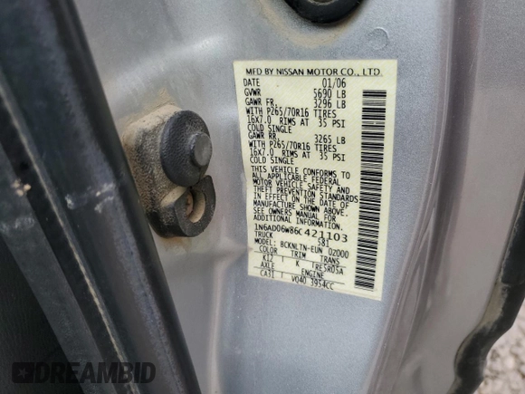 2006 Nissan Frontier SE with VIN 1N6AD06W86C421103, listed as a Copart auction lot 45741505 with 150,139 mi miles and Salvage title. Bid and sale history available at DreamBid. Image 14.