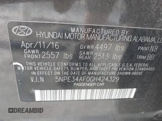 2016 Hyundai Sonata Sport z VIN 5NPE34AF0GH424329, wystawiony jako IAAI lot #42312730 z przebiegiem 20 858 mil mil oraz . Historia ofert i sprzedaży dostępna na DreamBid. Obrazek 9.