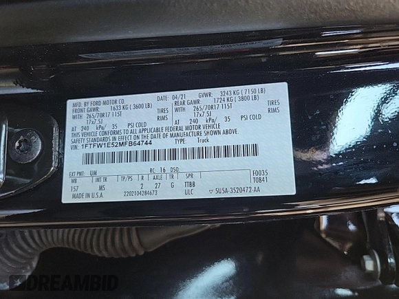 2021 Ford F-150 XL with VIN 1FTFW1E52MFB64744, listed as a IAAI auction lot 42733866 with 98,411 mi miles and . Bid and sale history available at DreamBid. Image 11.