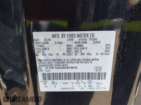 2009 Ford F-150 XL with VIN 1FTRF12W09KB75878, listed as a IAAI auction lot 41677669 with 262,105 mi miles and . Bid and sale history available at DreamBid. Image 9.