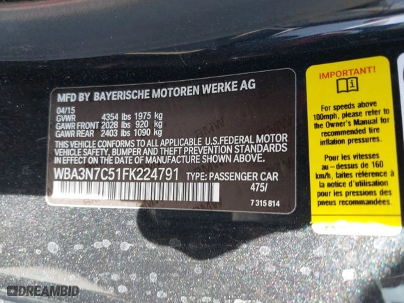 2015 BMW 4 Series 428i with VIN WBA3N7C51FK224791, listed as a IAAI auction lot 41686556 with NaN miles. Bid and sale history available at carsss.com. Image 9.