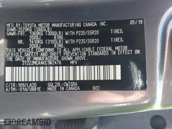 2019 Lexus RX 350 with VIN 2T2ZZMCA4KC142476, listed as a IAAI auction lot 42228689 with 71,362 mi miles and . Bid and sale history available at DreamBid. Image 9.