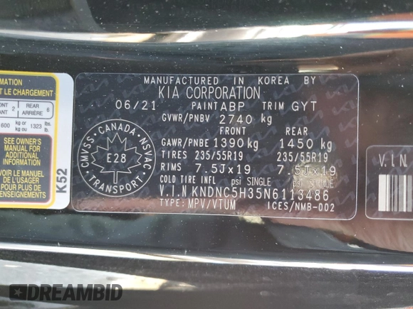 2022 Kia Carnival EX with VIN KNDNC5H35N6113486, listed as a Copart auction lot 70453554 with 47,109 mi miles and Salvage Title. Bid and sale history available at carsss.com. Image 14.