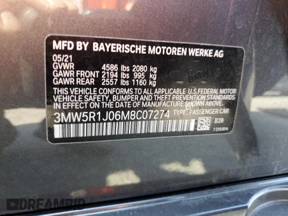 2021 BMW 3 Series 330i with VIN 3MW5R1J06M8C07274, listed as a Copart auction lot 58396505 with Not provided miles and Salvage title. Bid and sale history available at DreamBid. Image 12.