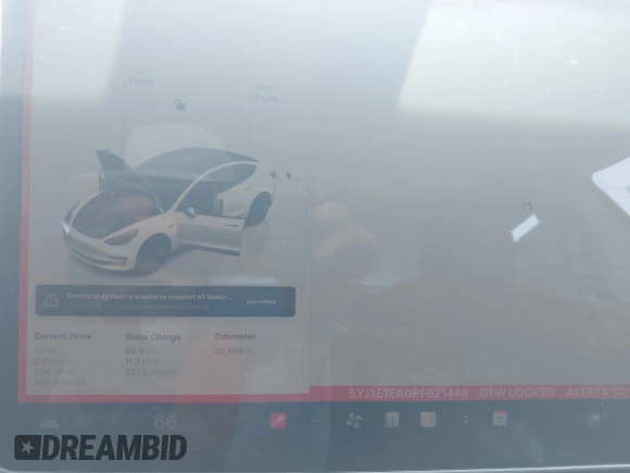 2023 Tesla Model 3 with VIN 5YJ3E1EA0PF621448, listed as a IAAI auction lot 42500155 with 26,589 mi miles and . Bid and sale history available at DreamBid. Image 7.