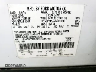 2016 Ford Explorer with VIN 1FM5K7B83GGC21715, listed as a Copart auction lot 57499095 with 167,416 mi miles and Salvage title. Bid and sale history available at DreamBid. Image 13.