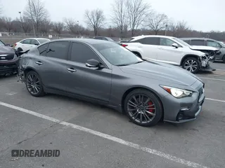 2021 Infiniti Q50 Red Sport 400 with VIN JN1FV7DR9MM880162, listed as a IAAI auction lot 41244912 with 44,943 mi miles and . Bid and sale history available at DreamBid. Image 1.