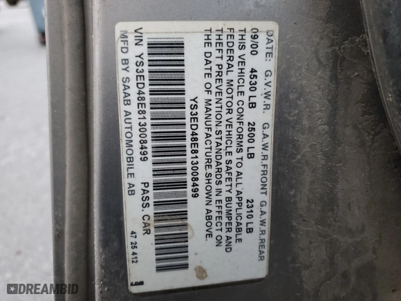 2001 Saab 9-5 with VIN YS3ED48E813008499, listed as a Copart auction lot 84397094 with 207,316 mi miles and Salvage Title. Bid and sale history available at carsss.com. Image 12.