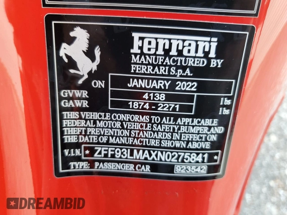2022 Ferrari F8 с VIN ZFF93LMAXN0275841, выставлен на аукционе Copart как лот 73758724 с пробегом Не указан миль и Списание • Salvage title. История ставок и продаж доступна на DreamBid. Изображение 12.