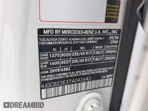 2007 Mercedes-Benz R 3.0L with VIN 4JGCB22E37A042643, listed as a IAAI auction lot 42377641 with 170,415 mi miles and . Bid and sale history available at DreamBid. Image 9.