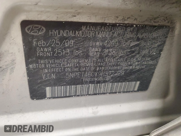 2009 Hyundai Sonata GLS с VIN 5NPET46CX9H572229, выставлен на аукционе Copart как лот 57814105 с пробегом 193 082 миль миль и Списание • Salvage title. История ставок и продаж доступна на DreamBid. Изображение 13.