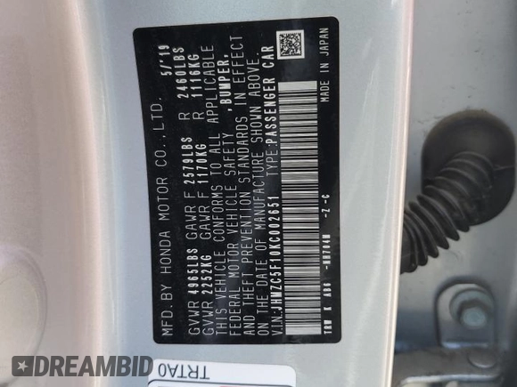 2019 Honda Clarity Plug-In Hybrid with VIN JHMZC5F10KC002651, listed as a Copart auction lot 68852964 with 80,762 mi miles and Salvage Title. Bid and sale history available at carsss.com. Image 12.