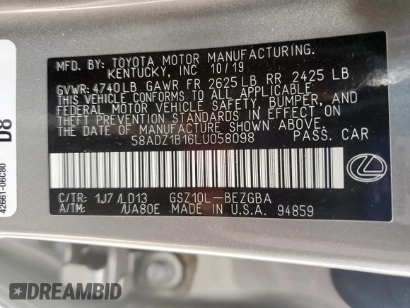 2020 Lexus ES 350 с VIN 58ADZ1B16LU058098, выставлен на аукционе Copart как лот 62490925 с пробегом 15 551 миль миль и Списание • Salvage title. История ставок и продаж доступна на DreamBid. Изображение 13.