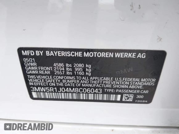2021 BMW 3 Series 330i z VIN 3MW5R1J04M8C06043, wystawiony jako IAAI lot #42109872 z przebiegiem 62 325 mil mil oraz . Historia ofert i sprzedaży dostępna na DreamBid. Obrazek 9.