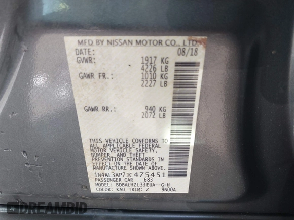 2018 Nissan Altima 2.5 SR with VIN 1N4AL3AP7JC475451, listed as a IAAI auction lot 41814760 with 38,440 mi miles. Bid and sale history available at carsss.com. Image 9.