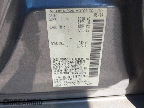 2014 Nissan Altima SV with VIN 1N4AL3AP2EN387708, listed as a IAAI auction lot 40797951 with 277,005 mi miles and . Bid and sale history available at carsss.com. Image 9.