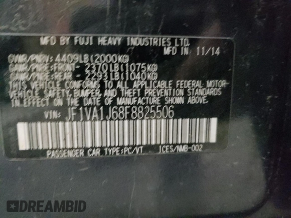 2015 Subaru WRX Limited with VIN JF1VA1J68F8825506, listed as a Copart auction lot 57385615 with 174,955 mi miles and Clean title. Bid and sale history available at DreamBid. Image 12.