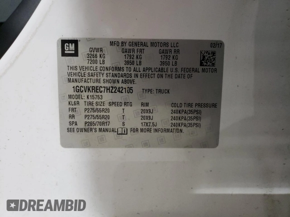 2017 Chevrolet Silverado 1500 LT with VIN 1GCVKREC7HZ242105, listed as a Copart auction lot 55287324 with 101,625 mi miles and Salvage Title. Bid and sale history available at DreamBid. Image 12.