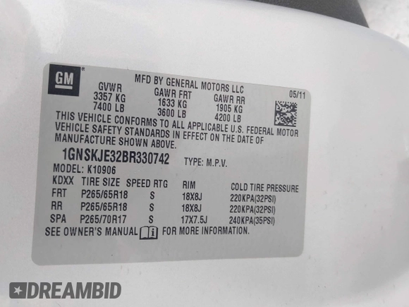 2011 Chevrolet Suburban LT with VIN 1GNSKJE32BR330742, listed as a IAAI auction lot 42435335 with 191,663 mi miles and . Bid and sale history available at DreamBid. Image 9.