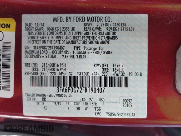2015 Ford Fusion S with VIN 3FA6P0G72FR190407, listed as a IAAI auction lot 41875138 with 109,180 mi miles. Bid and sale history available at carsss.com. Image 9.