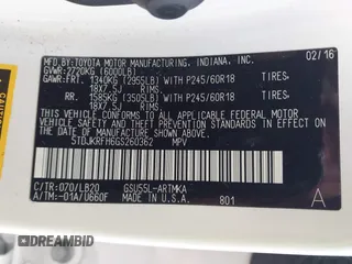 2016 Toyota Highlander XLE z VIN 5TDJKRFH6GS260362, wystawiony jako IAAI lot #42337581 z przebiegiem 69 619 mil mil oraz . Historia ofert i sprzedaży dostępna na DreamBid. Obrazek 9.