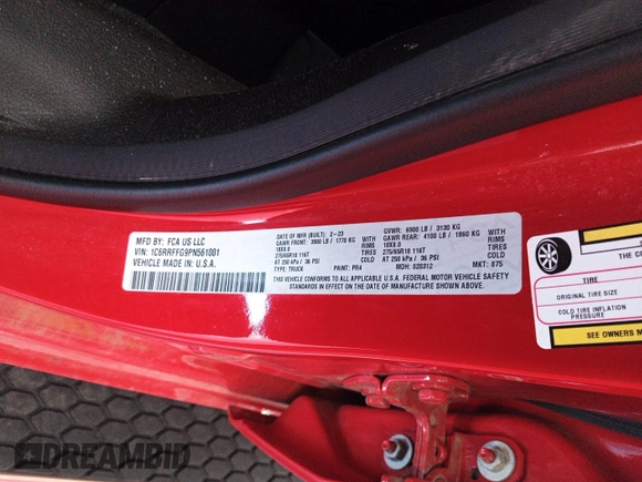 2023 Ram 1500 Big Horn z VIN 1C6RRFFG9PN561001, wystawiony jako IAAI lot #42575762 z przebiegiem 42 164 mil mil oraz . Historia ofert i sprzedaży dostępna na DreamBid. Obrazek 4.