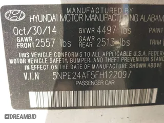 2015 Hyundai Sonata 2.4L SE with VIN 5NPE24AF5FH122097, listed as a IAAI auction lot 42065663 with 218,586 mi miles. Bid and sale history available at carsss.com. Image 9.