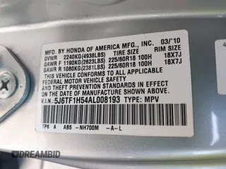 2010 Honda Accord Crosstour EX-L with VIN 5J6TF1H54AL008193, listed as a IAAI auction lot 41776251 with 236,361 mi miles. Bid and sale history available at carsss.com. Image 9.