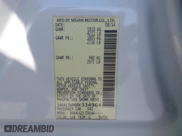 2015 Nissan Altima SL with VIN 1N4AL3AP6FN334964, listed as a IAAI auction lot 41069201 with 161,925 mi miles and . Bid and sale history available at DreamBid. Image 9.