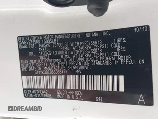2011 Toyota Sienna XLE AAS with VIN 5TDYK3DC8BS085477, listed as a IAAI auction lot 41934541 with 131,768 mi miles and . Bid and sale history available at DreamBid. Image 9.