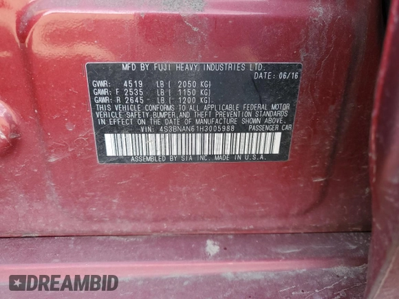 2017 Subaru Legacy Limited with VIN 4S3BNAN61H3005988, listed as a Copart auction lot 48822665 with 119,303 mi miles and Salvage Title. Bid and sale history available at carsss.com. Image 14.