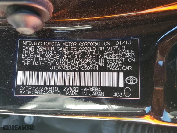 2013 Toyota Prius One with VIN JTDKN3DU4D1650944, listed as a Copart auction lot 49093715 with 235,867 mi miles and Clean Title. Bid and sale history available at carsss.com. Image 12.