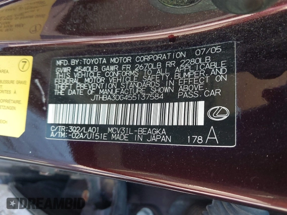 2005 Lexus ES 330 with VIN JTHBA30G455137584, listed as a IAAI auction lot 41961431 with 197,531 mi miles. Bid and sale history available at carsss.com. Image 9.
