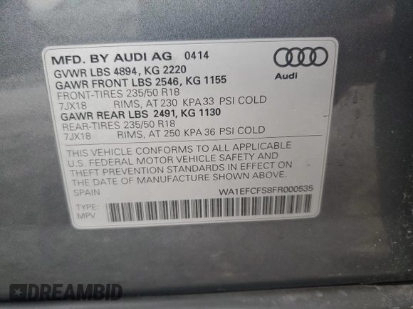 2015 Audi Q3 2.0T Premium Plus with VIN WA1EFCFS8FR000535, listed as a Copart auction lot 50713485 with 75,908 mi miles and Salvage Title. Bid and sale history available at carsss.com. Image 15.