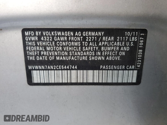 2012 Volkswagen CC Sport with VIN WVWNN7AN2CE544744, listed as a Copart auction lot 79081034 with 201,695 mi miles and Salvage Title. Bid and sale history available at carsss.com. Image 12.