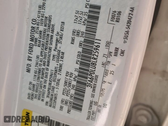 2020 Ford Fusion Hybrid SE with VIN 3FA6P0LU8LR259611, listed as a Copart auction lot 46892325 with 101,817 mi miles and Salvage Title. Bid and sale history available at carsss.com. Image 13.