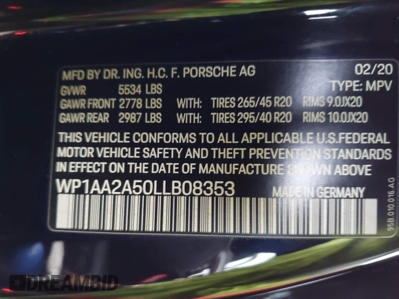 2020 Porsche Macan with VIN WP1AA2A50LLB08353, listed as a IAAI auction lot 41508647 with 52,086 mi miles and . Bid and sale history available at DreamBid. Image 9.