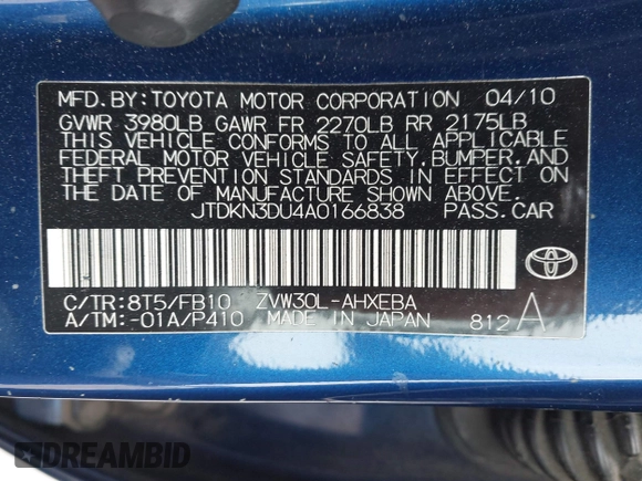 2010 Toyota Prius II with VIN JTDKN3DU4A0166838, listed as a IAAI auction lot 42114622 with 155,607 mi miles. Bid and sale history available at carsss.com. Image 10.