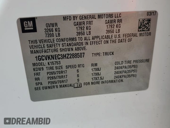 2017 Chevrolet Silverado 1500 Work Truck with VIN 1GCVKNEC3HZ288507, listed as a Copart auction lot 52261425 with 164,126 mi miles and Clean Title. Bid and sale history available at carsss.com. Image 12.