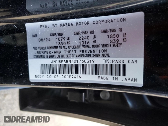 2025 Mazda 3 S Select Sport with VIN JM1BPABM7S1760319, listed as a Copart auction lot 48072345 with 3,558 mi miles and Clean Title. Bid and sale history available at DreamBid. Image 12.