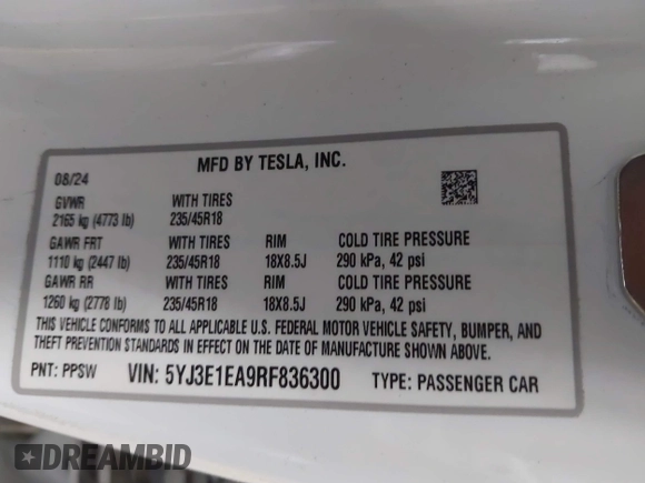 2024 Tesla Model 3 with VIN 5YJ3E1EA9RF836300, listed as a IAAI auction lot 41988009 with 9,989 mi miles. Bid and sale history available at carsss.com. Image 9.