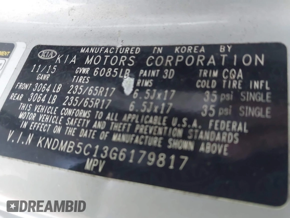 2016 Kia Sedona LX with VIN KNDMB5C13G6179817, listed as a IAAI auction lot 41908690 with 190,357 mi miles. Bid and sale history available at carsss.com. Image 9.