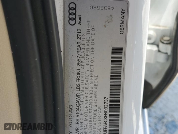 2015 Audi A6 2.0T Premium with VIN WAUFFAFCXFN032737, listed as a Copart auction lot 56912814 with 115,931 mi miles and Non Repairable. Bid and sale history available at carsss.com. Image 14.