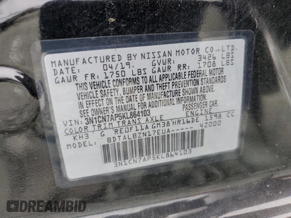 2019 Nissan Versa SV with VIN 3N1CN7AP5KL864103, listed as a Copart auction lot 58304925 with 77,774 mi miles and Salvage title. Bid and sale history available at DreamBid. Image 12.