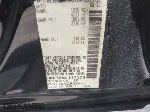 2013 Nissan Altima SV with VIN 1N4AL3AP8DC137173, listed as a IAAI auction lot 42716255 with 121,387 mi miles and . Bid and sale history available at DreamBid. Image 9.