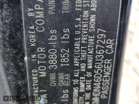 2006 Hyundai Elantra GLS z VIN KMHDN46D56U367297, wystawiony jako Copart lot #54832905 z przebiegiem Nie podano mil oraz Szkoda całkowita • Salvage title. Historia ofert i sprzedaży dostępna na DreamBid. Obrazek 12.