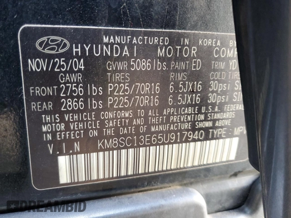 2005 Hyundai Santa Fe GLS with VIN KM8SC13E65U917940, listed as a Copart auction lot 41677315 with 116,335 mi miles and Salvage Title. Bid and sale history available at carsss.com. Image 15.